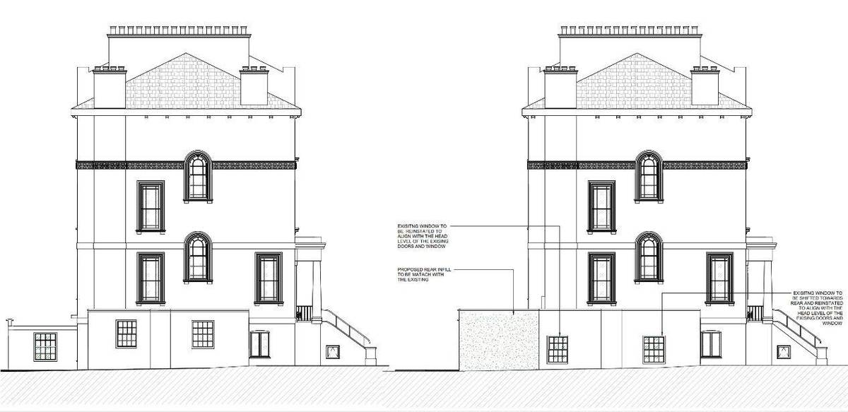 Existing and proposed side elevations showing the rear infill extension and realigned windows (Design, Access, Heritage & Sustainability Statement)