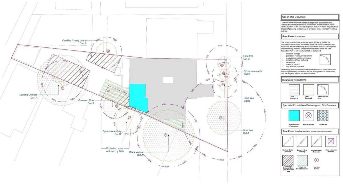 Tree Protection Plan showing root protection areas, tree categories and construction exclusion zones (Arboricultural Report)