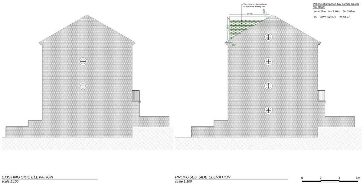 Existing and proposed side elevations showing the rear box dormer (proposed side elevation drawing)