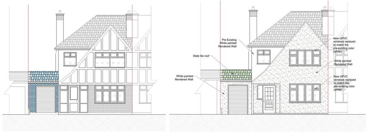 Approved and as-built front elevations showing the garage extension, white render and replacement windows (Pre-existing, approved and existing front elevations)