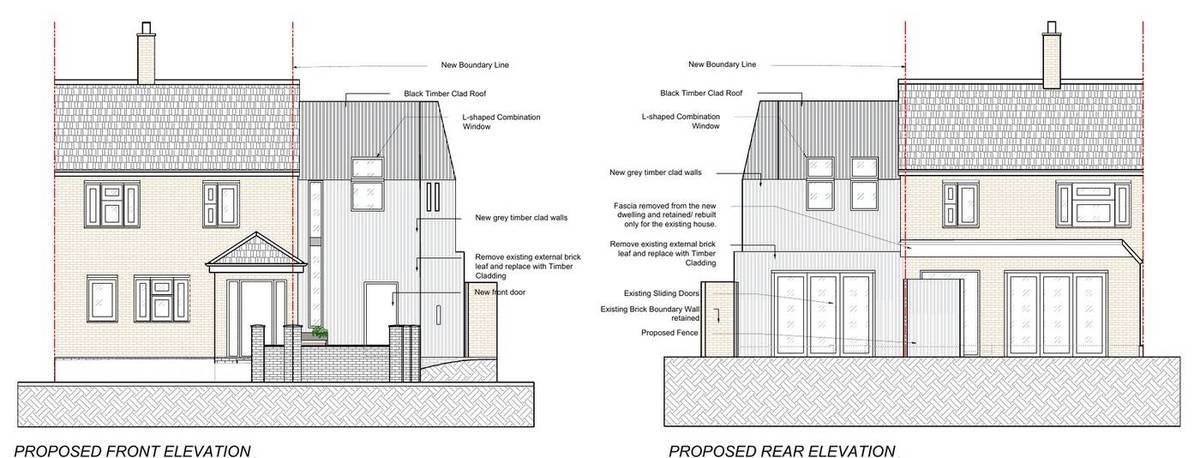 Proposed front and rear elevations showing the new timber-clad dwelling beside the existing house (planning drawings)