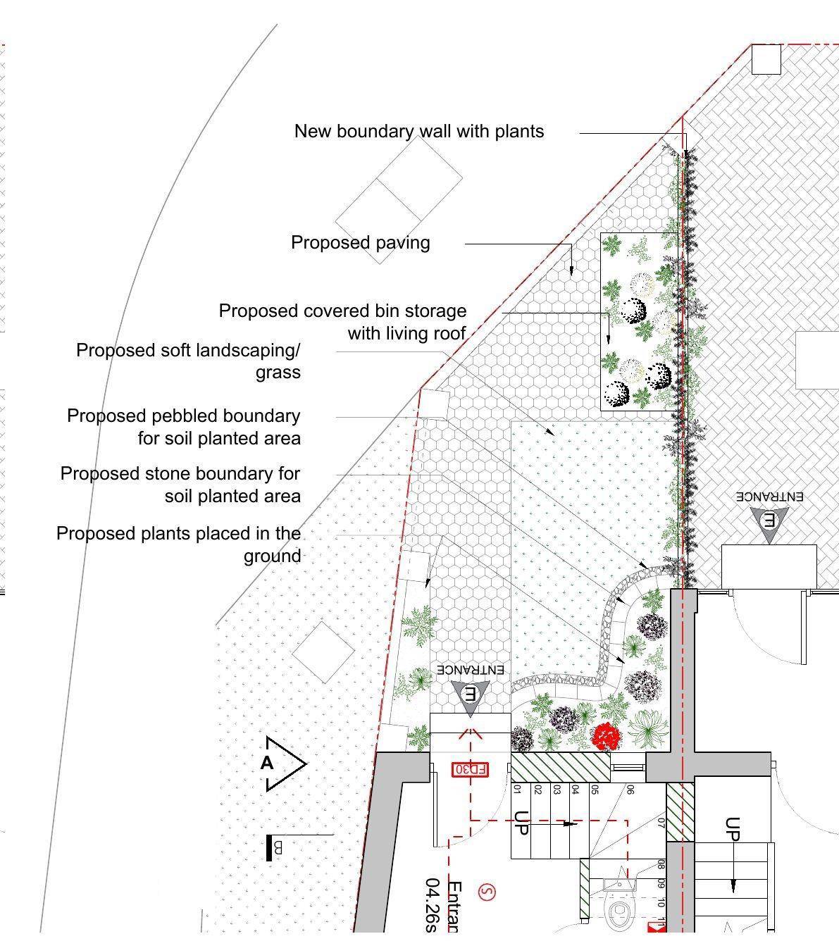 Proposed front landscape plan with permeable paving, planting and covered bin store with living roof (planning drawings)