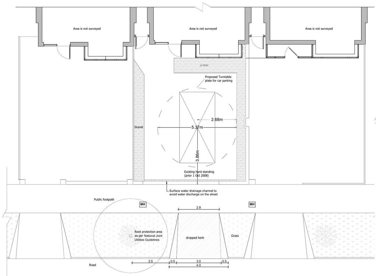 Proposed forecourt plan with the car turntable, gravel edges, dropped kerb and street tree root protection area (proposed ground floor plan)