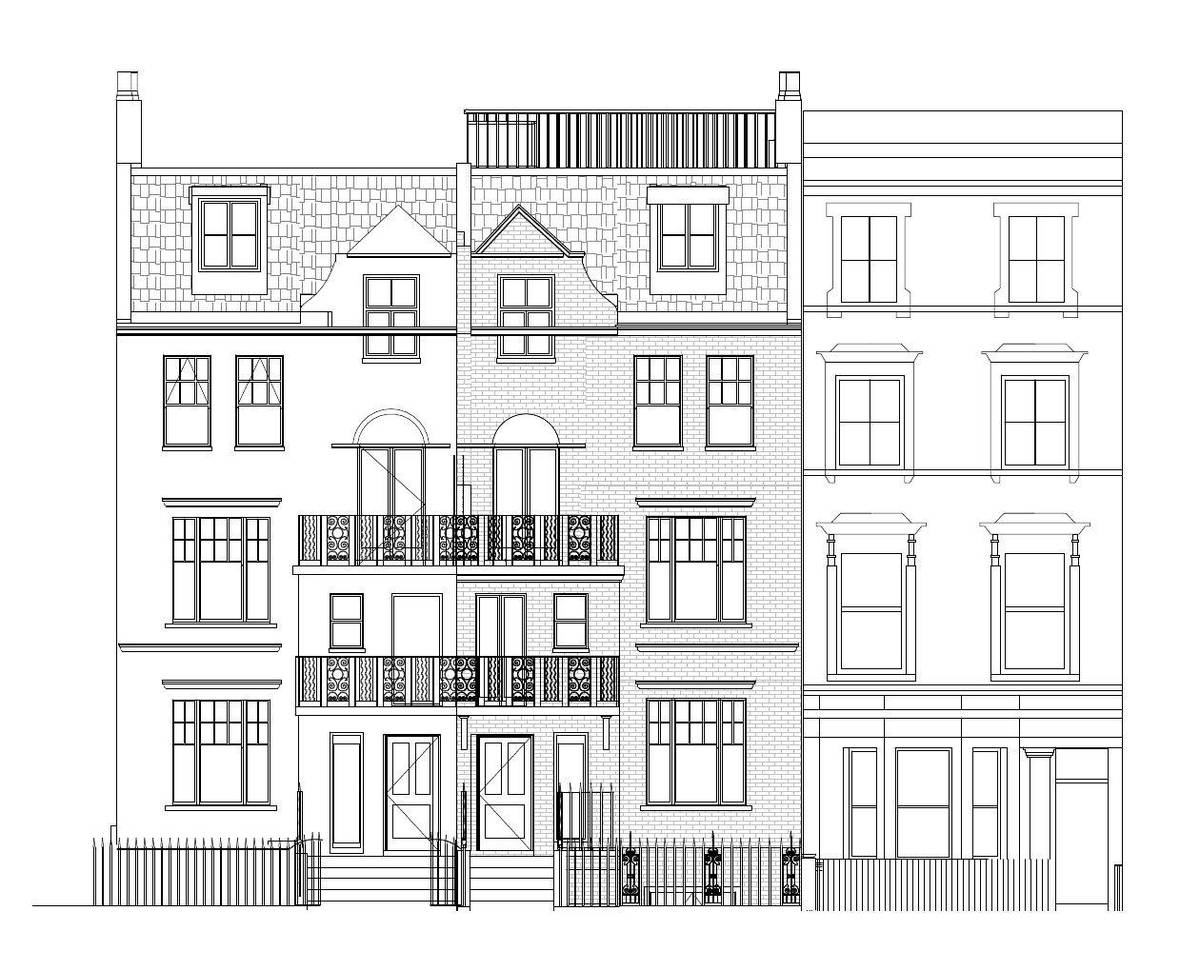 Proposed front (south) elevation shown alongside the neighbouring houses