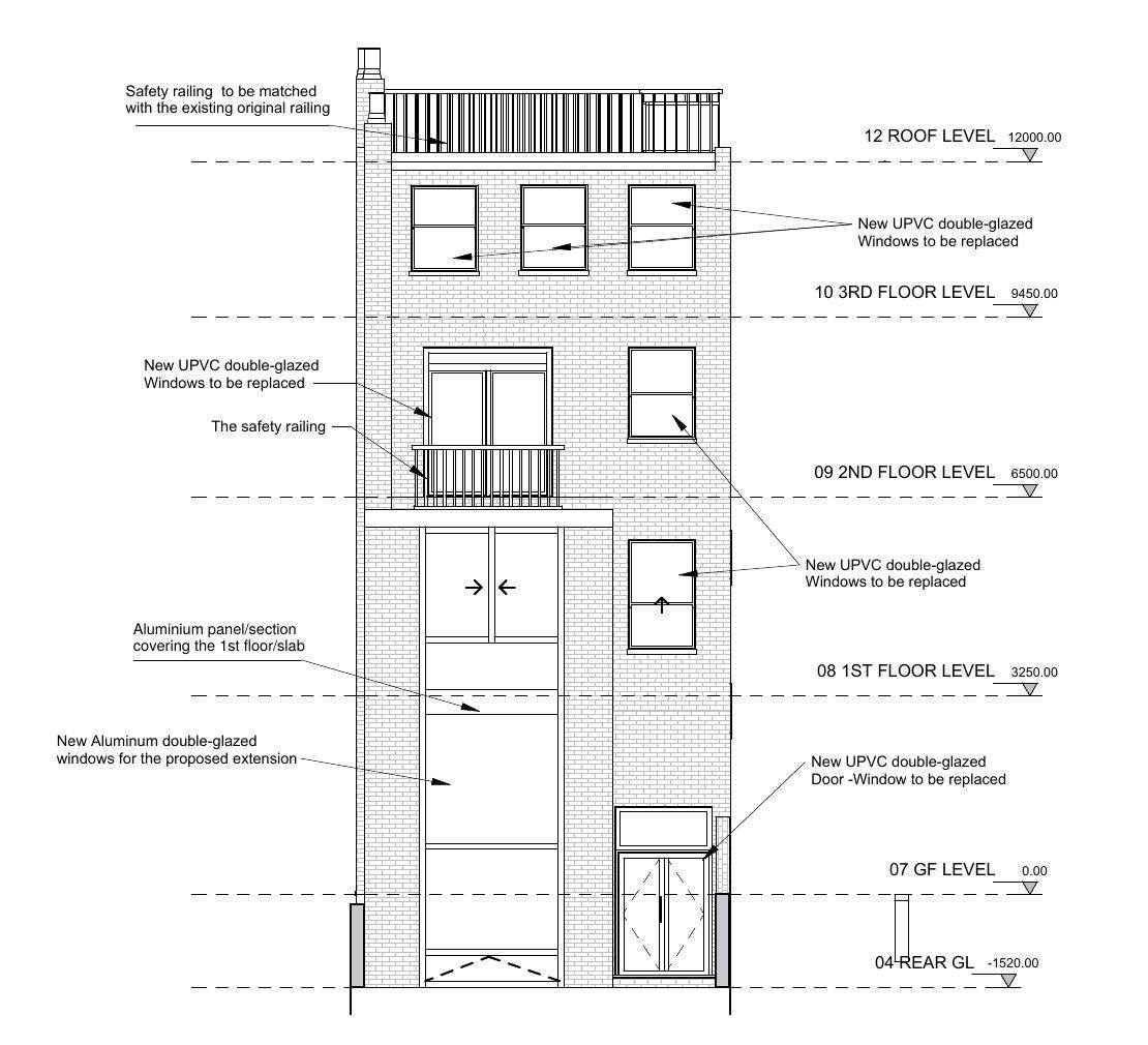 Proposed rear (north) elevation with the three-storey extension and roof terrace