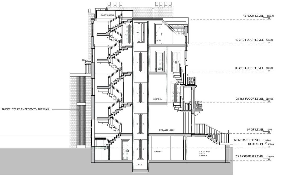 Proposed section showing the single dwelling from basement to roof terrace