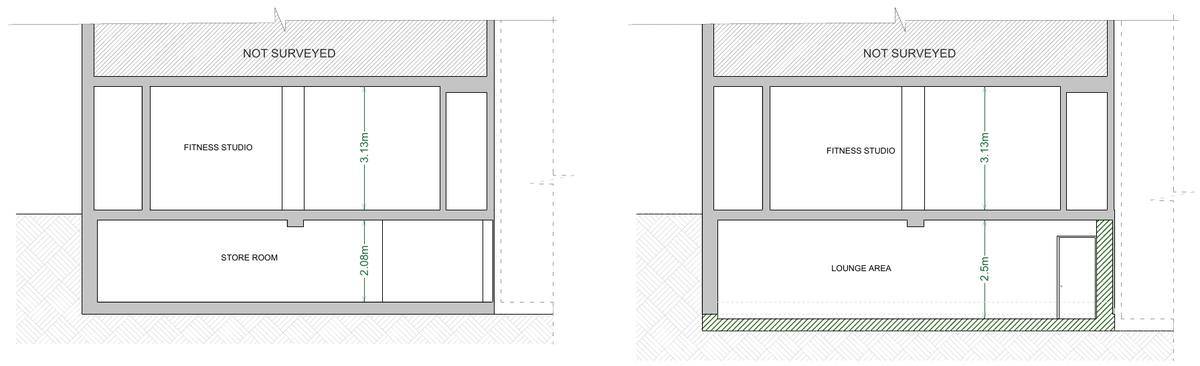 Existing and proposed section showing the basement floor lowered to give 2.5 m headroom (section A-A drawing)