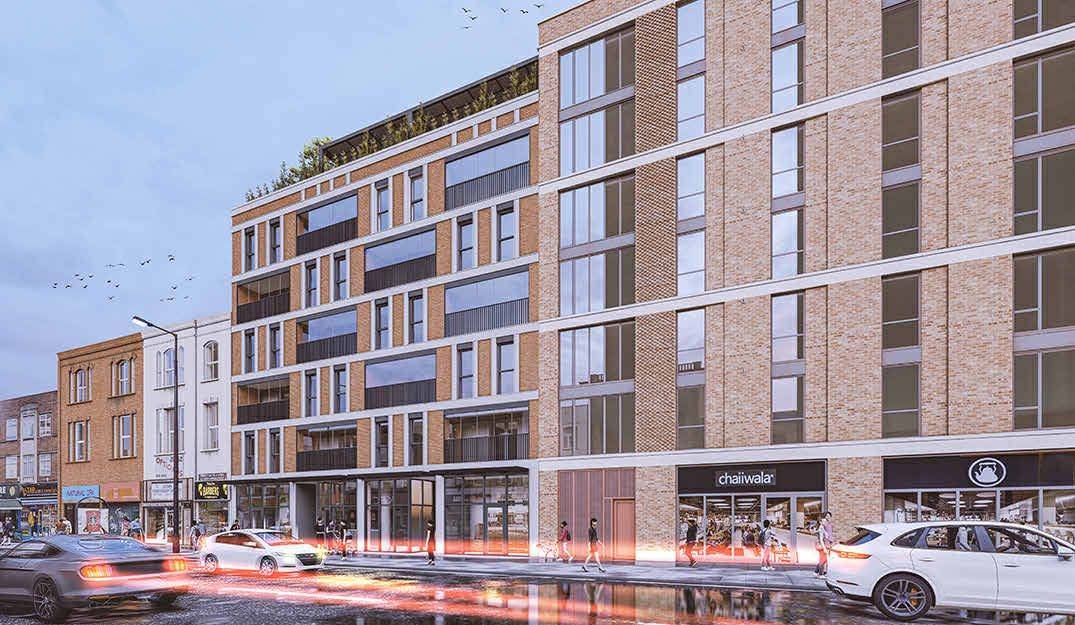 CGI of the proposed building on Barking Road, beside the existing seven-storey block at 110-114 (3D Views drawing)
