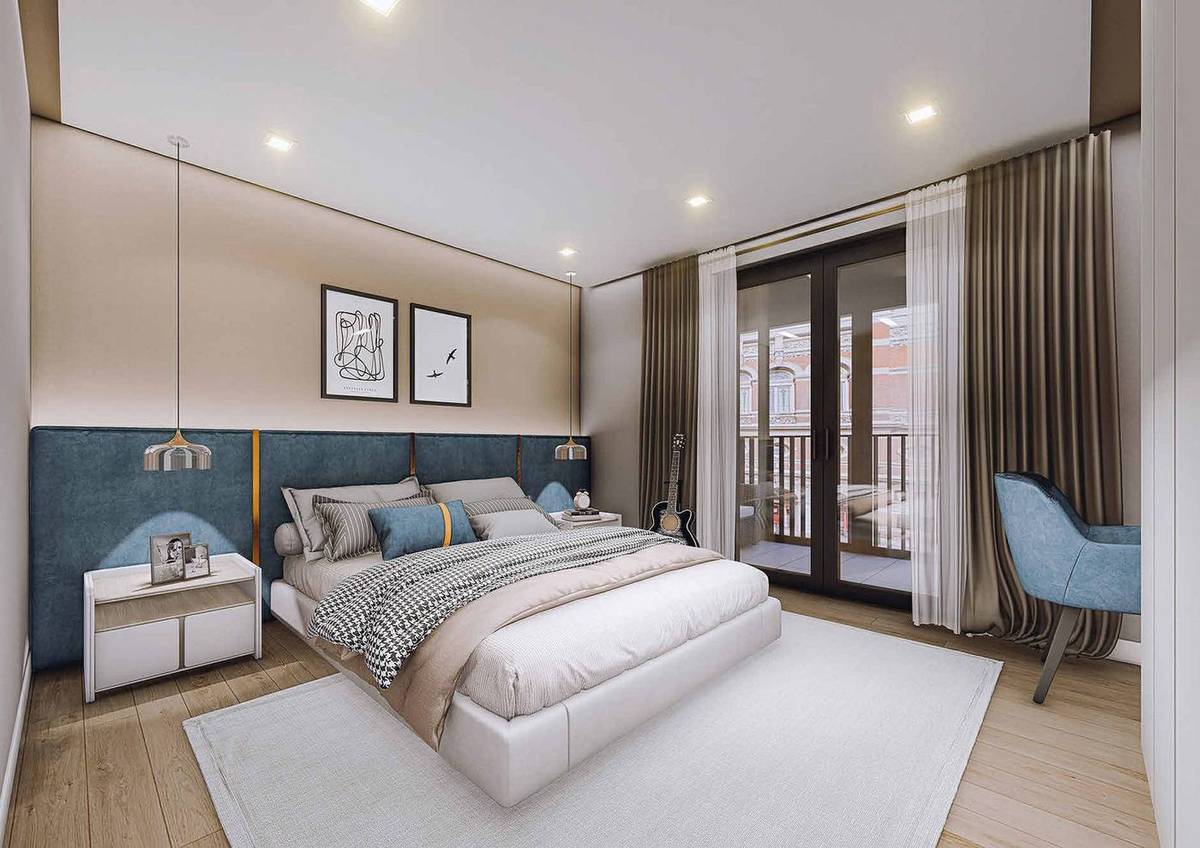 Interior CGI of a proposed bedroom opening onto a balcony (3D Views drawing)