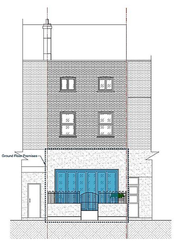 Proposed front elevation showing the new glazed frontage and railings to the ground-floor flat (Daylight and Sunlight Assessment)