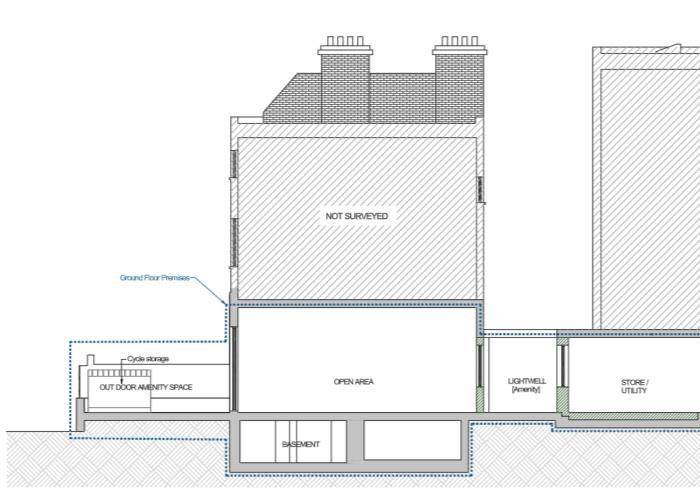 Proposed section through the ground floor showing the front amenity space, open-plan room, lightwell and store (Daylight and Sunlight Assessment)