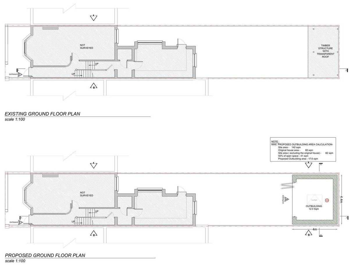 Existing and proposed ground floor plans with the outbuilding area calculation (existing and proposed ground floor plan)