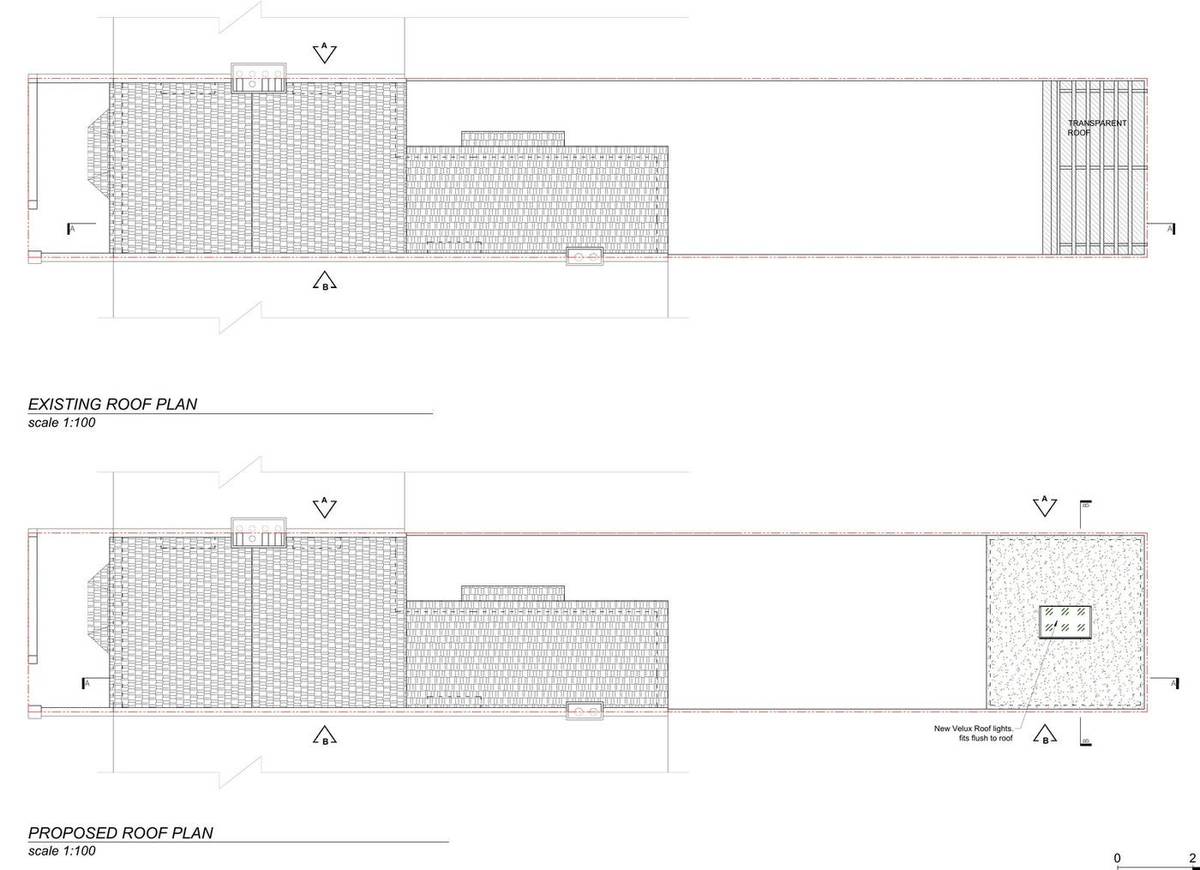 Existing and proposed roof plans showing the new outbuilding and flush rooflight (existing and proposed roof plan)