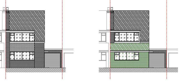 Existing and proposed front elevations showing the single-storey front extension (Design and Access Statement)