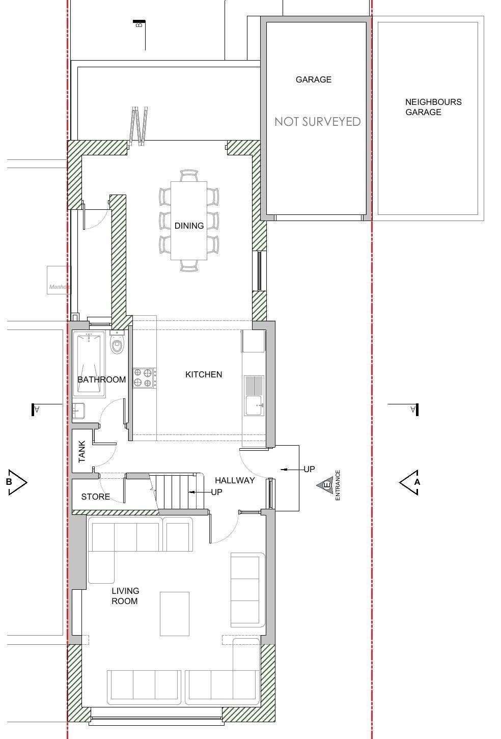 Proposed ground floor plan with front living room and rear dining extensions (Existing and proposed ground floor plans)