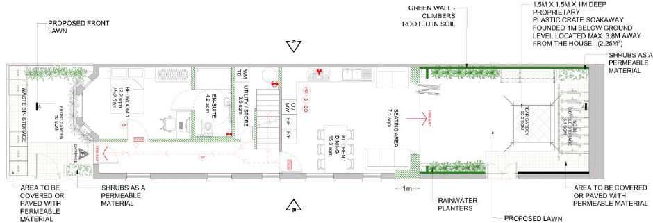 Proposed ground floor plan with front and rear garden landscaping, bin and cycle storage (Design and Access Statement)