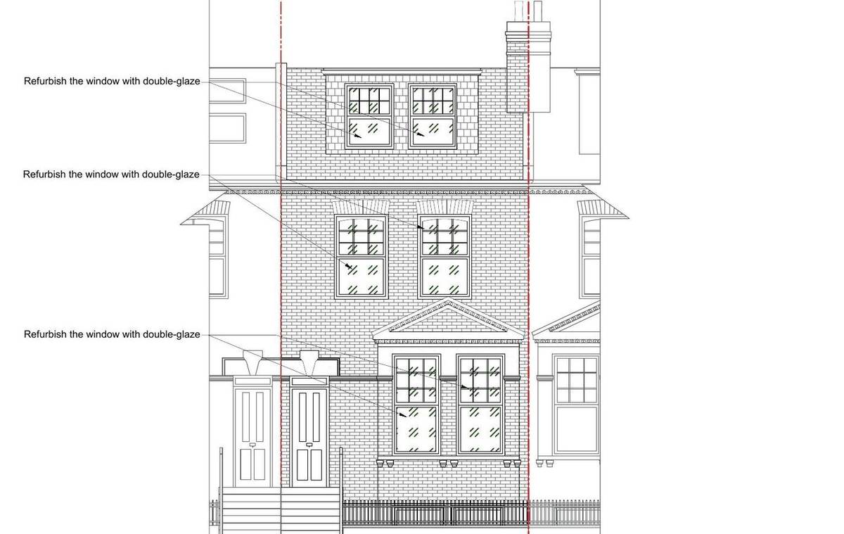 Proposed front elevation with the sash windows refurbished with double glazing (existing and proposed elevations)