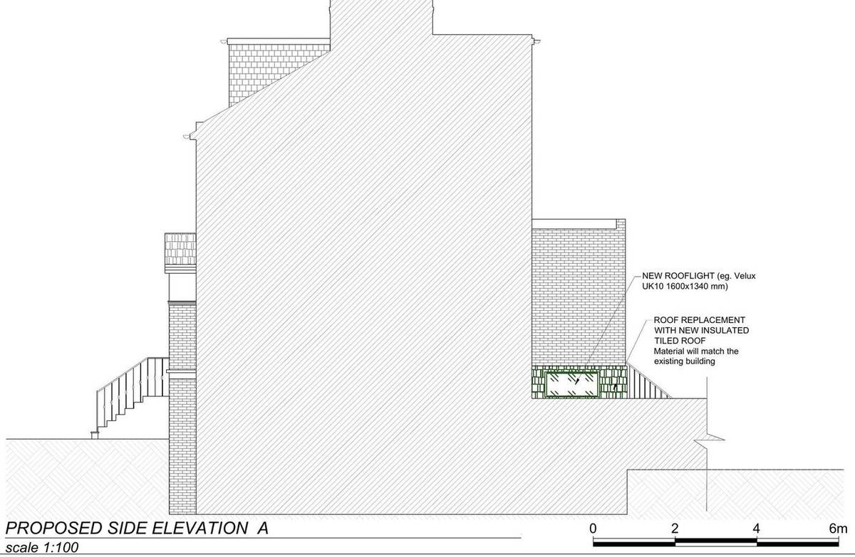 Proposed side elevation showing the new insulated tiled roof and rooflight to the rear extension (existing and proposed elevations)