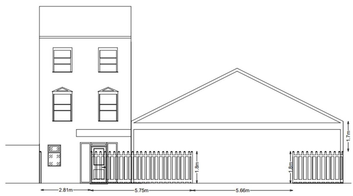 Front elevation showing the 1.8m-high fence either side of the garage frontage (Design and Access Statement)