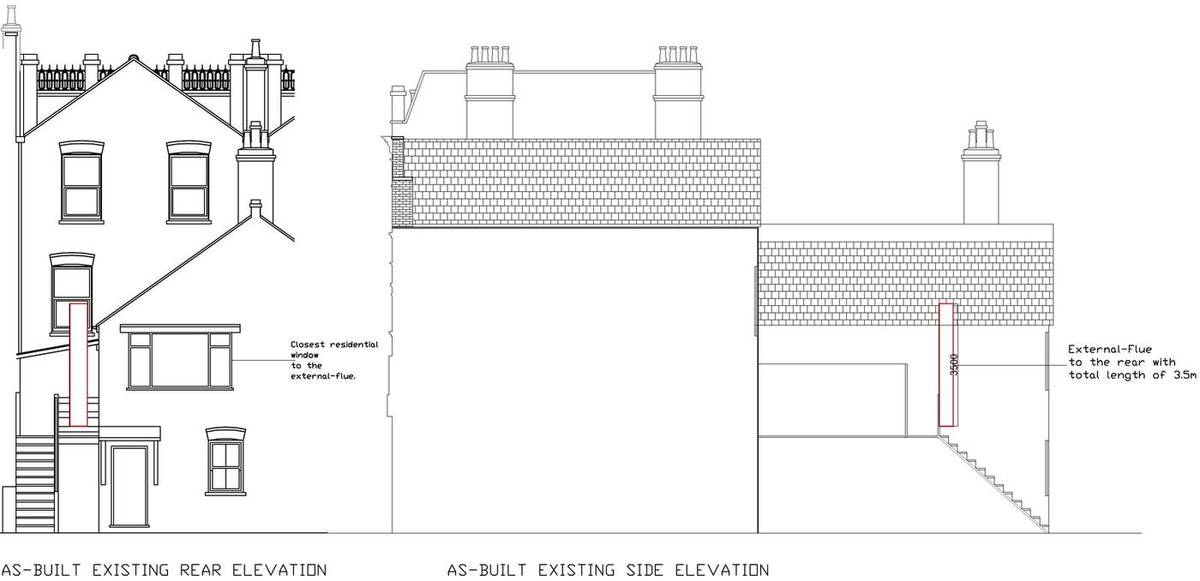 As-built rear and side elevations showing the 3.5 m kitchen extract flue and the closest residential window (As-built rear and side elevations)