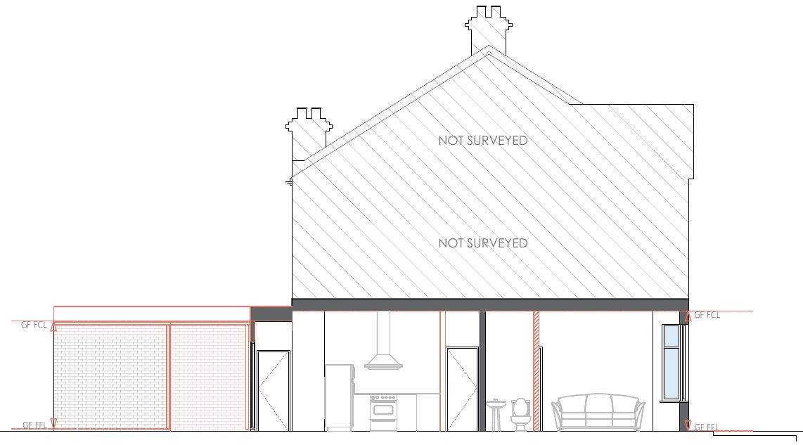 Proposed section showing the extended kitchen and living space under a single flat roof (Existing and proposed section AA)