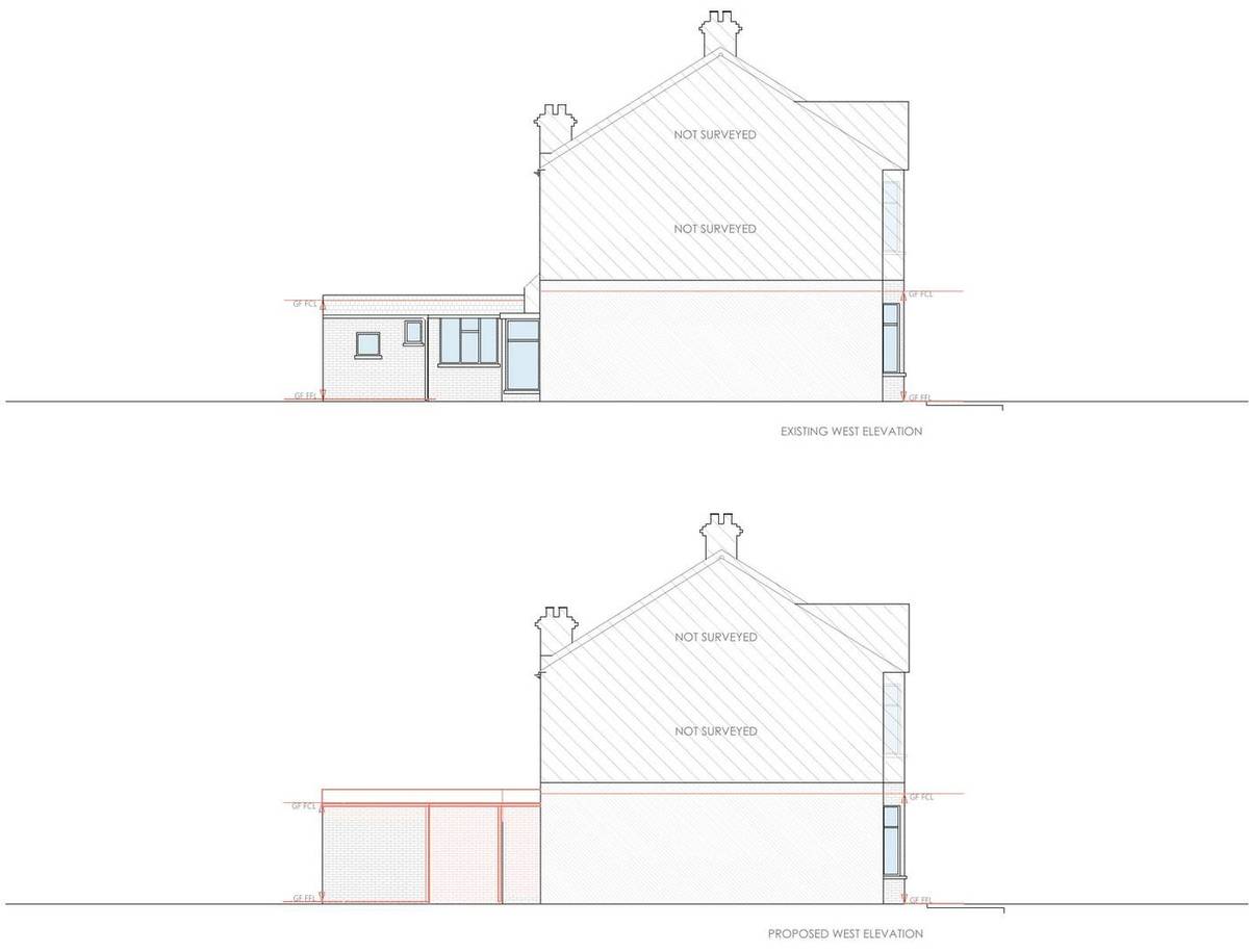 Existing and proposed west elevations showing the raised rear projection (Existing and proposed elevations)