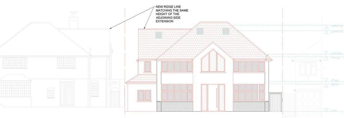 Proposed front elevation showing the two-storey porch gable and the side extension ridge matching the neighbouring side extension (Design and Access Statement)
