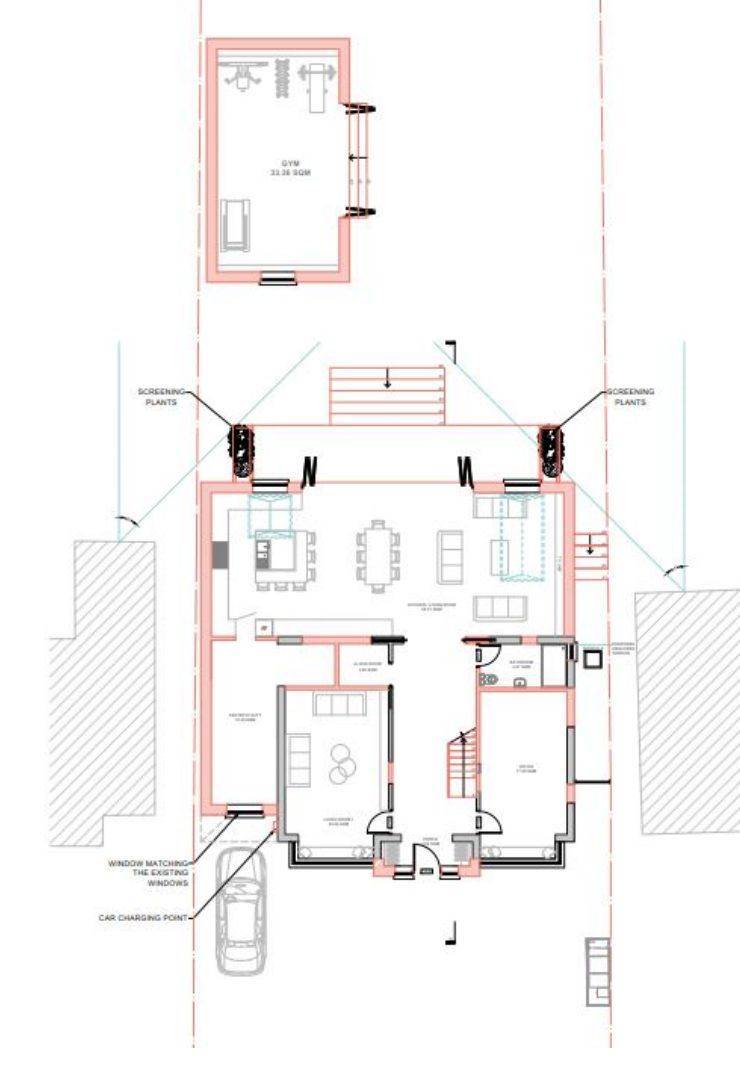 Proposed ground floor layout with the open-plan rear extension, raised patio with screening plants and the garden gym (Flood Risk Assessment)