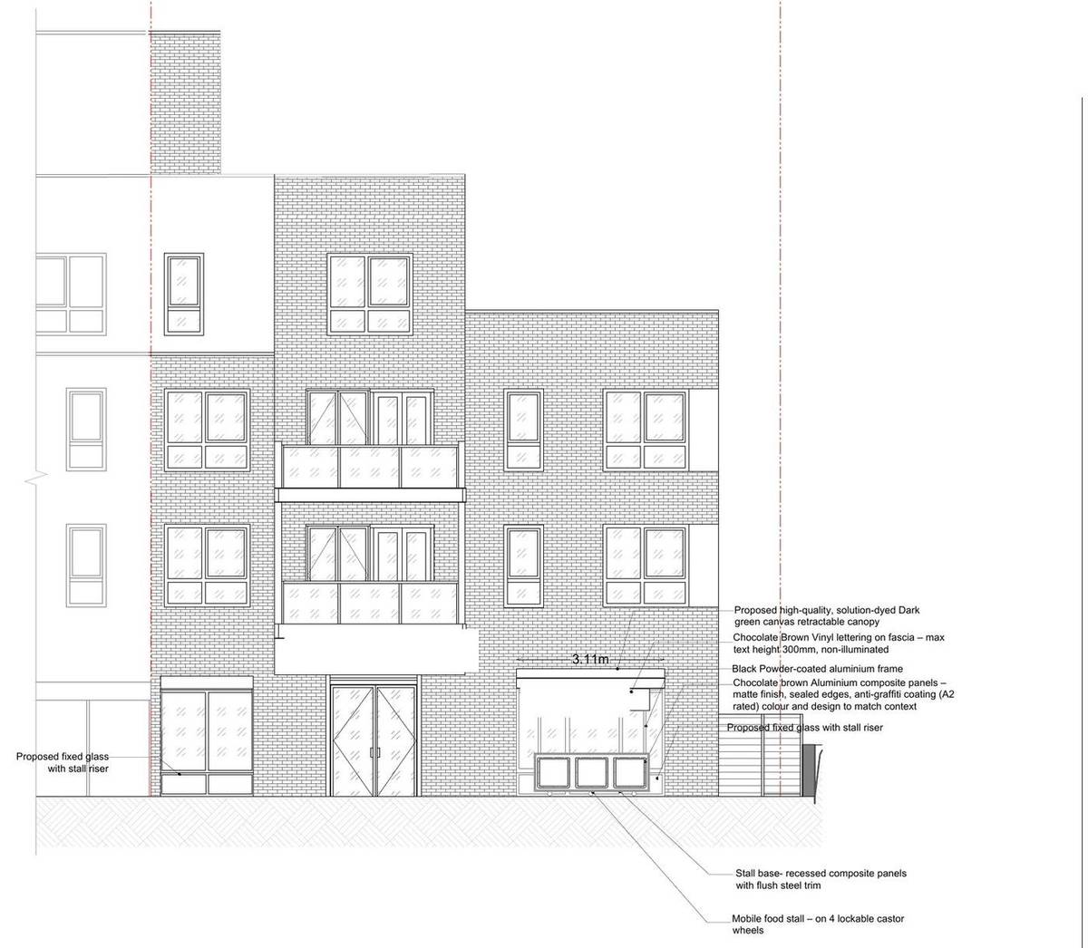 Proposed front elevation with new display windows, stallrisers and the movable food stall under a retractable canopy (Existing and proposed front elevations)