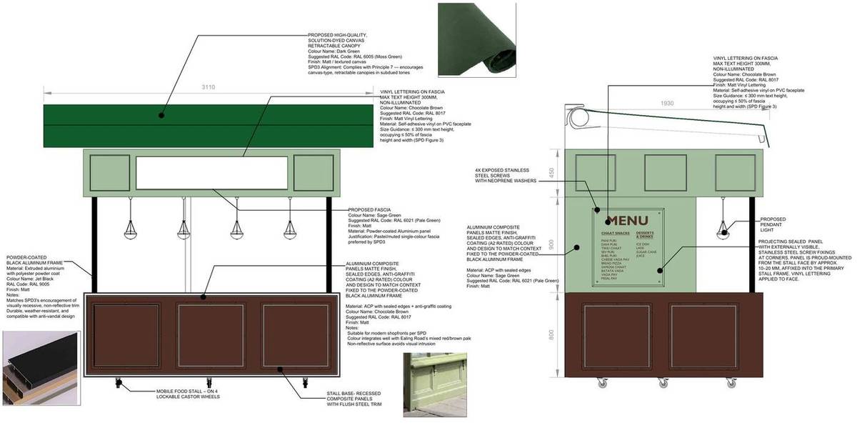 Front and side elevations of the movable stall with material specification (Detail drawing of the movable stall)