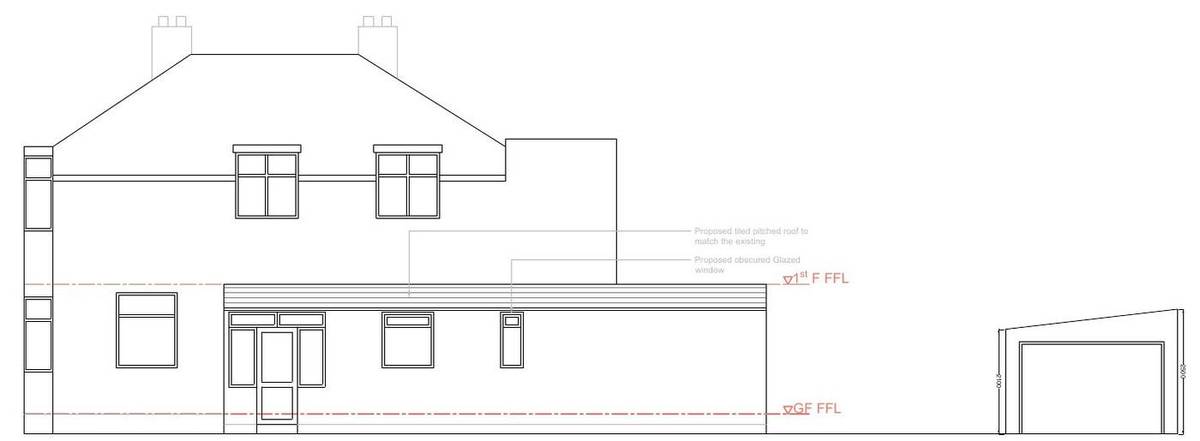 Proposed side elevation showing the single-storey extension with a tiled pitched roof, and the new garage (Existing and proposed side elevations)