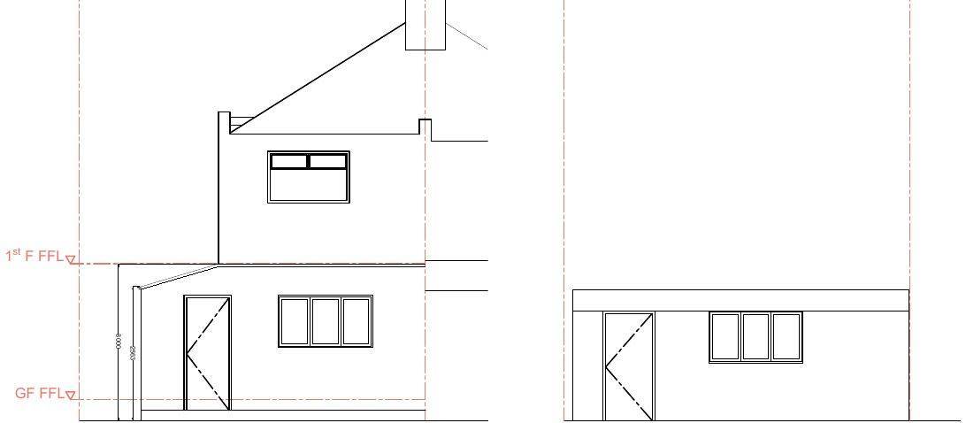Proposed rear elevation of the house and front elevation of the new garage (Existing and proposed elevations)