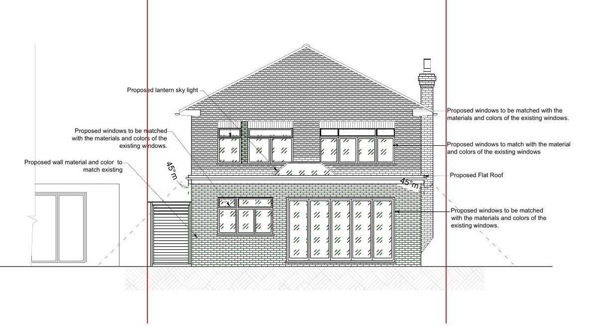 Proposed rear elevation showing the extension within 45-degree lines (existing and proposed rear and side elevations)