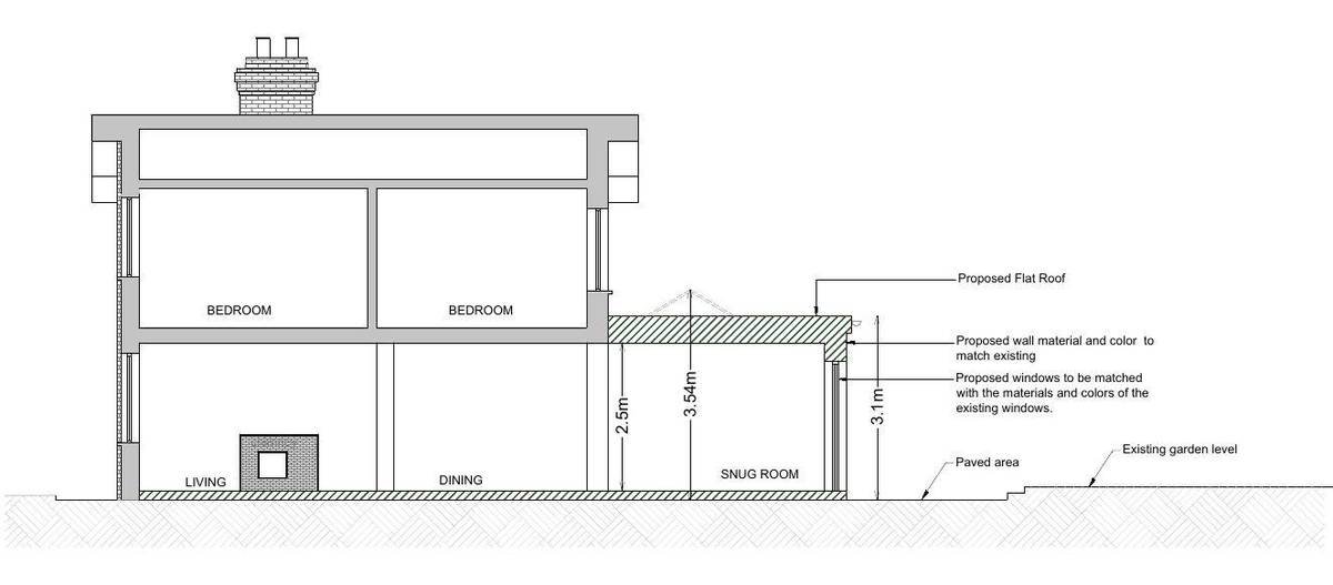 Proposed section through the single-storey rear extension (existing and proposed section A-A)