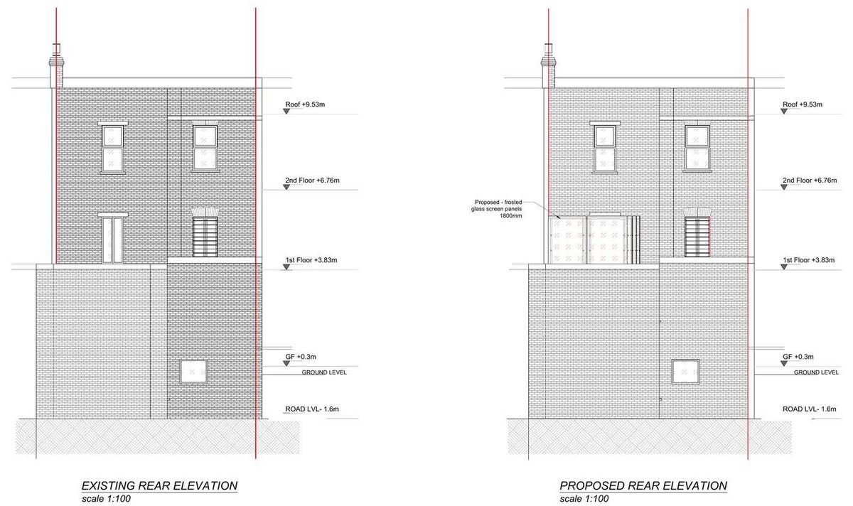 Existing and proposed rear elevations showing the frosted glass screen at first-floor level (Existing and proposed rear elevations)