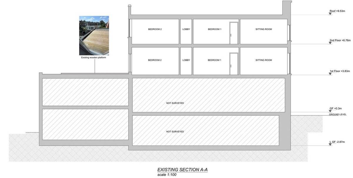 Existing section through the building showing the timber platform on the back addition roof (Existing section A-A)