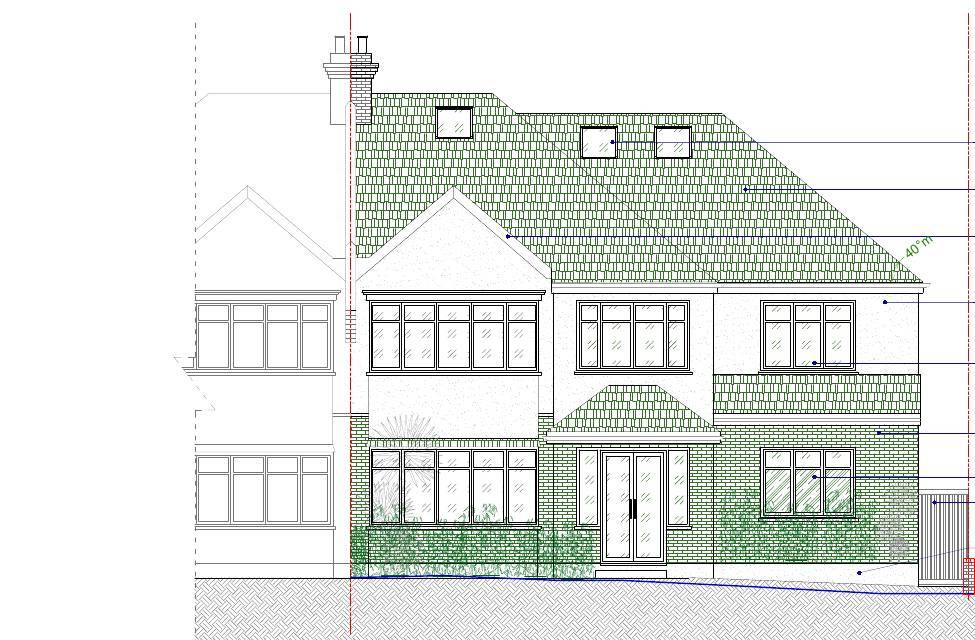 Proposed front elevation, with the porch, bay and roof form matched to the adjoining house (Proposed elevations)