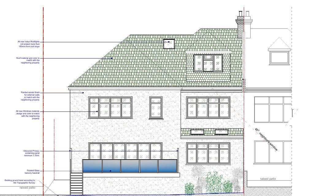 Proposed rear elevation showing the 45-degree line from the neighbouring window and the obscured privacy screen to the deck (Proposed elevations)