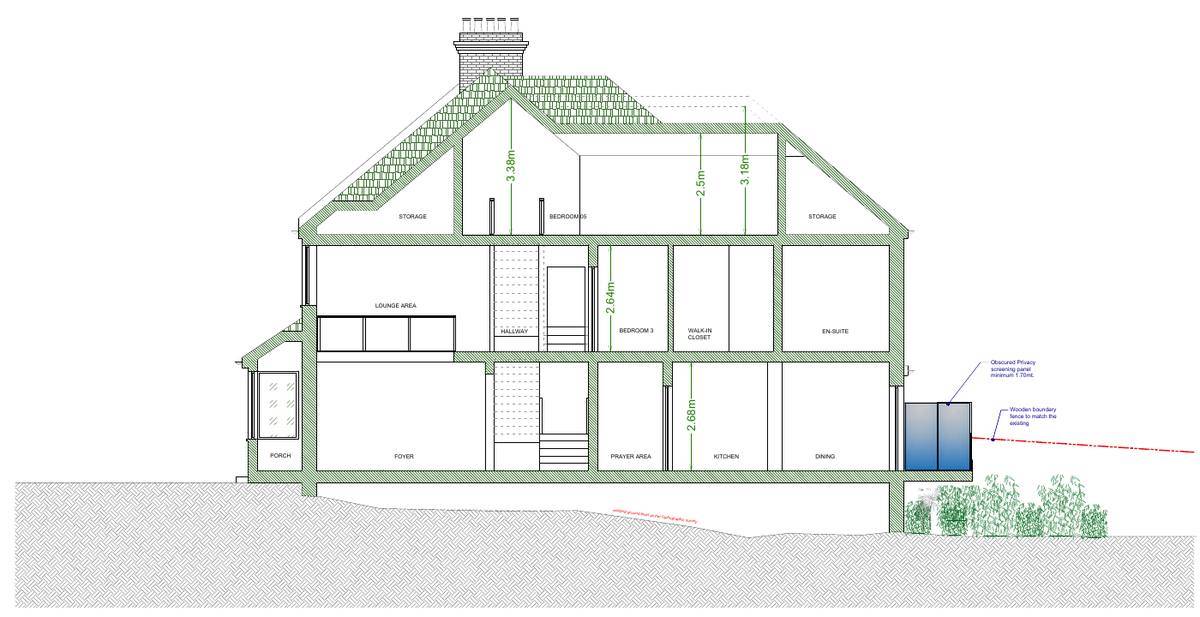 Proposed section through ground, first and loft floors (Proposed section A-A)