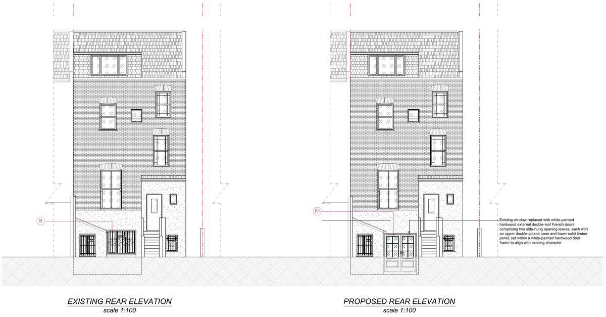 Existing and proposed rear elevations showing the new French doors (rear elevations drawing)