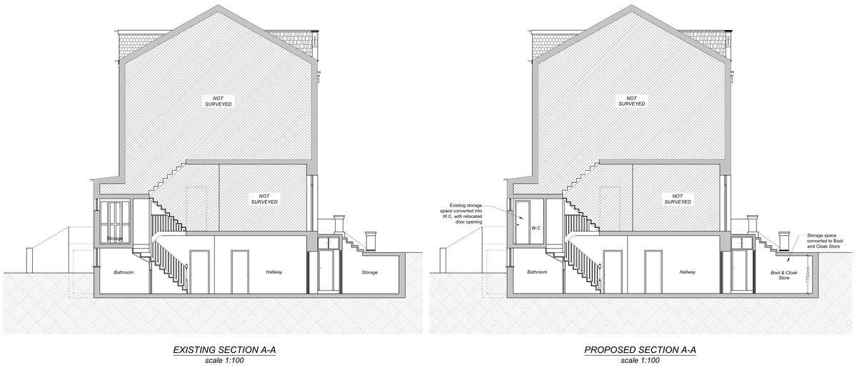 Existing and proposed section A-A showing the internal reconfiguration (section A-A drawing)