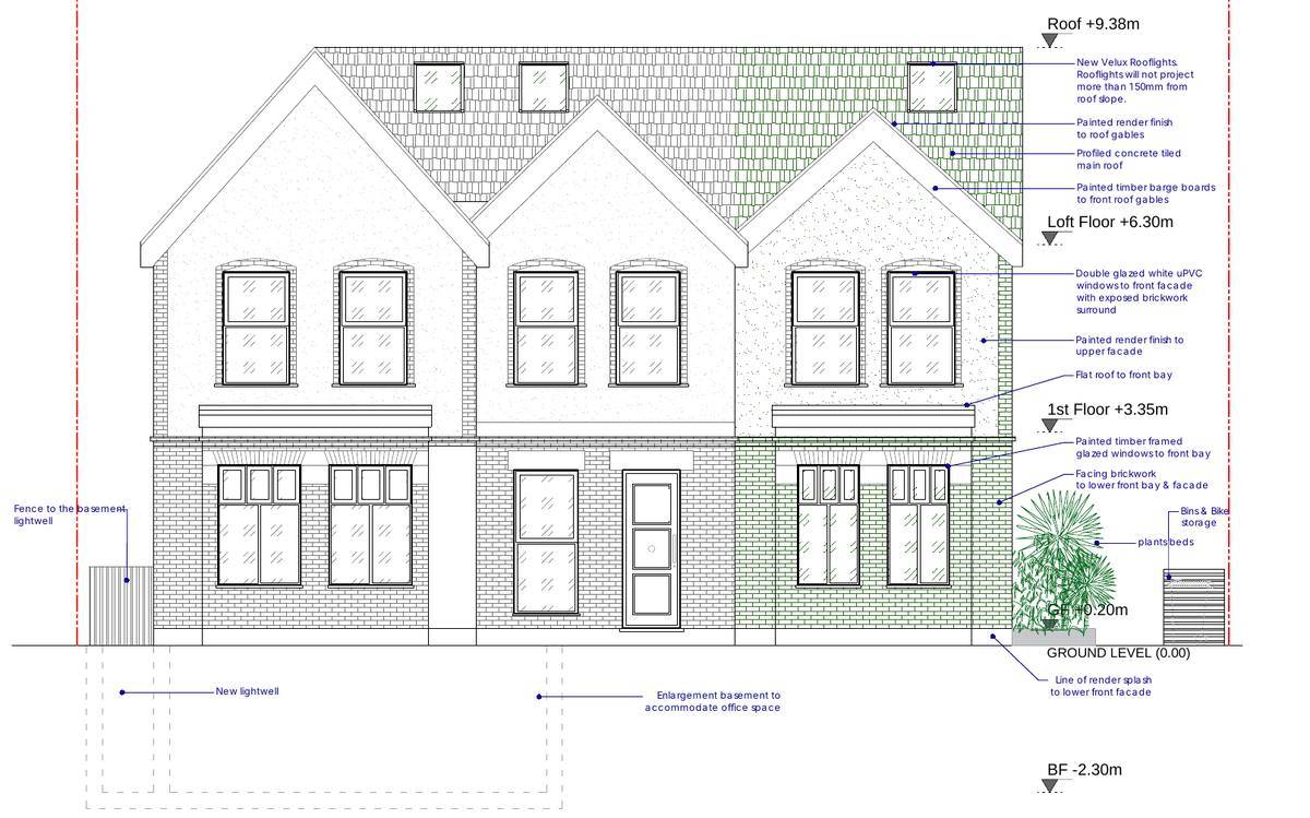 Proposed front elevation showing the side extension, rooflights and enlarged basement (Existing and proposed front elevation drawing)