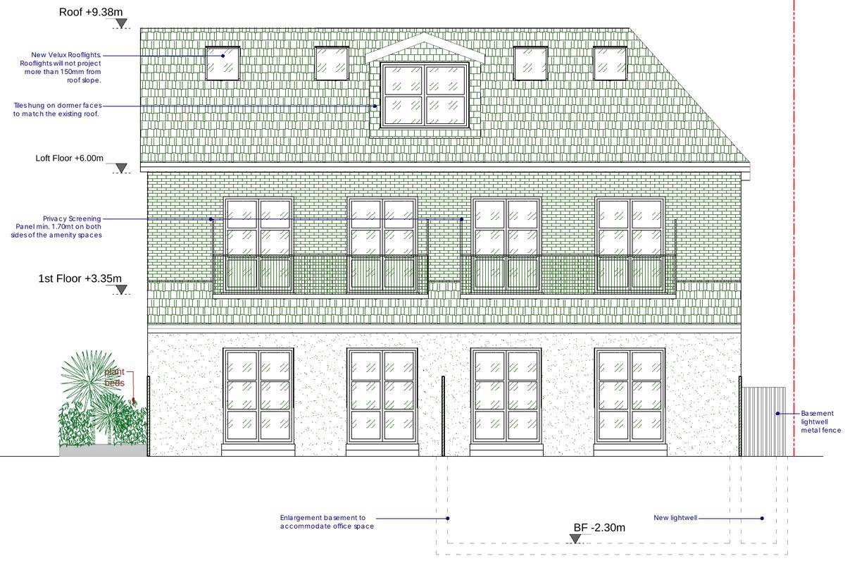 Proposed rear elevation with the rear dormer, first-floor privacy screens and basement lightwell (Existing and proposed rear elevation drawing)