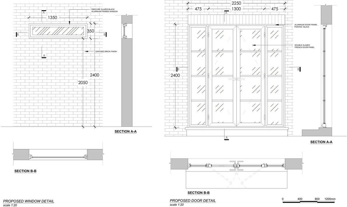Proposed window and French door details with sections at 1:20 (Proposed window and door details)