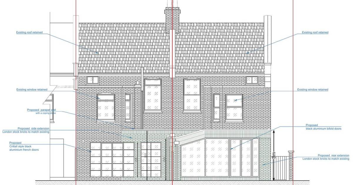 Proposed rear elevation showing the paired single-storey infill extensions in London stock brick (Existing and proposed elevations)
