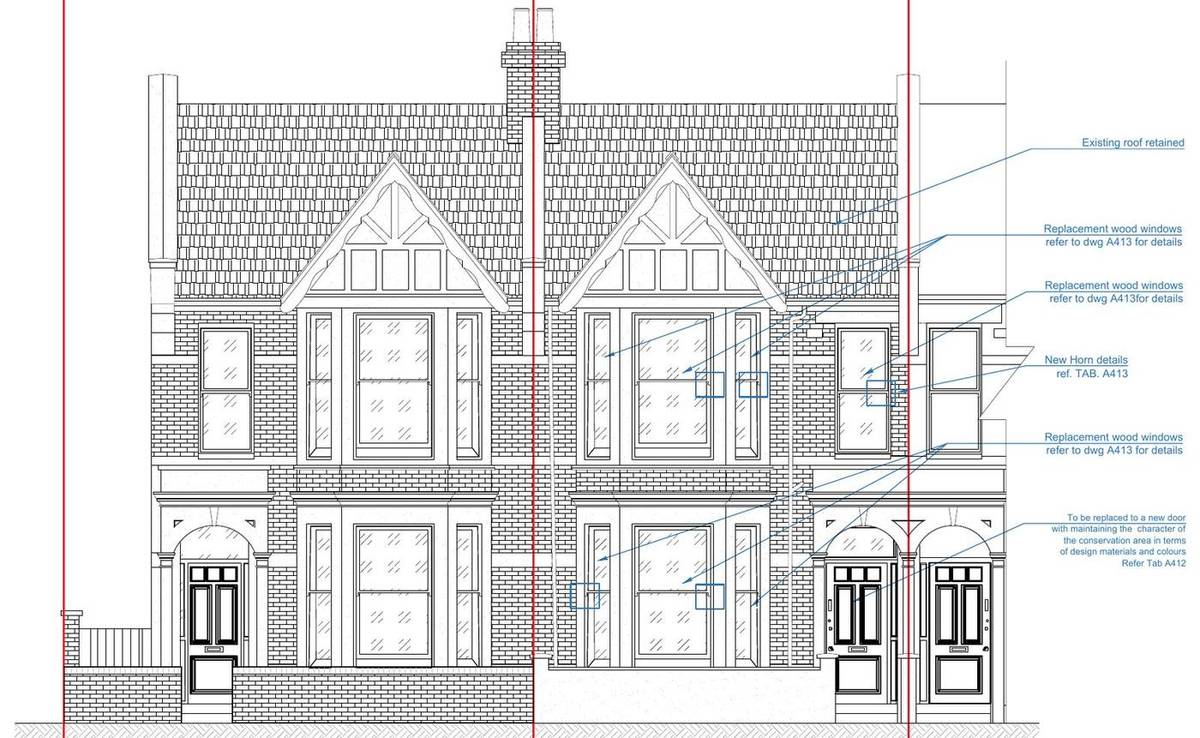 Proposed front elevation with replacement timber windows and front door (Existing and proposed elevations)