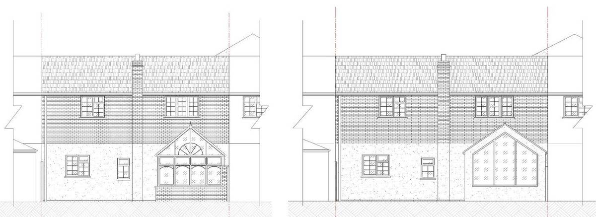 Existing and proposed rear elevations showing the new tiled gable roof and triple-glazed doors (design and access statement)