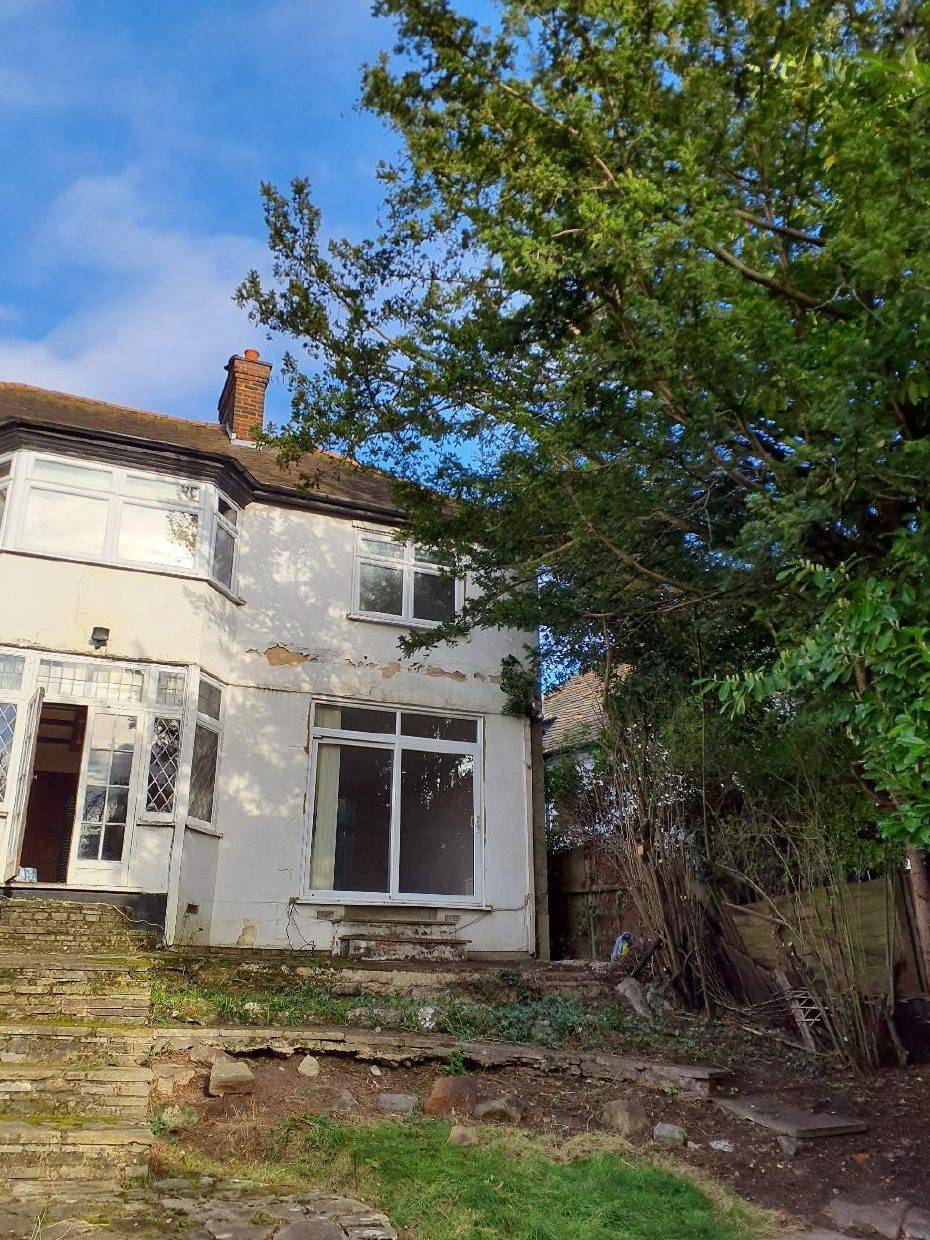 Rear of the house before works, showing the retaining walls and the yew tree (Arboricultural Impact Assessment site photographs)