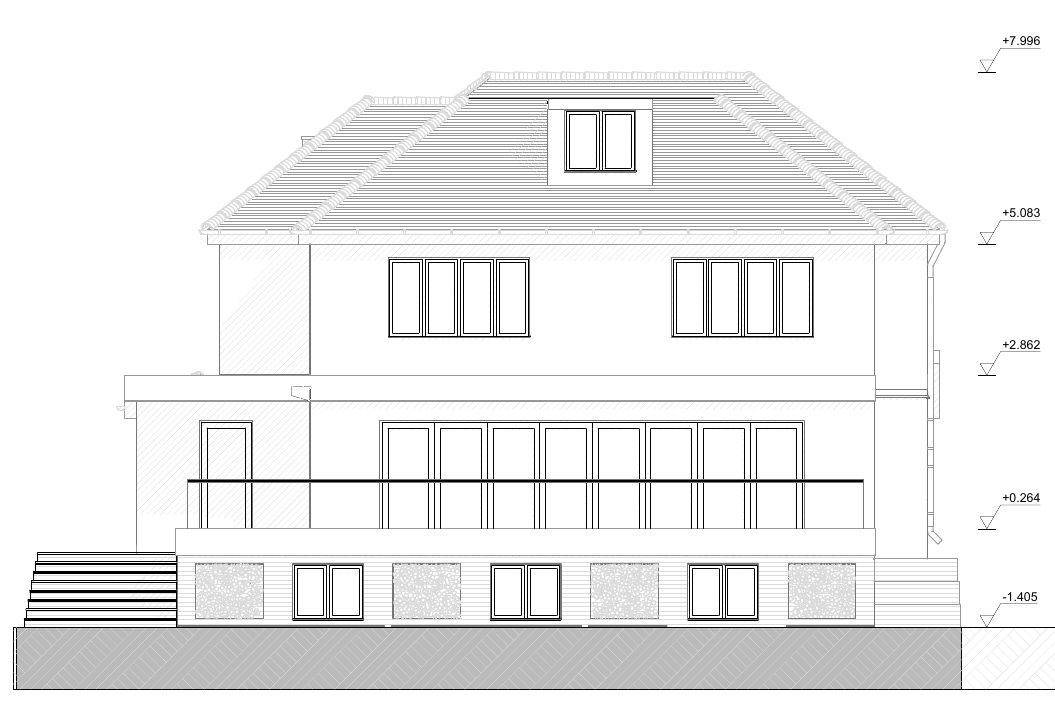 Proposed rear elevation with the new basement level, rear extension and dormer (existing and proposed rear elevation)