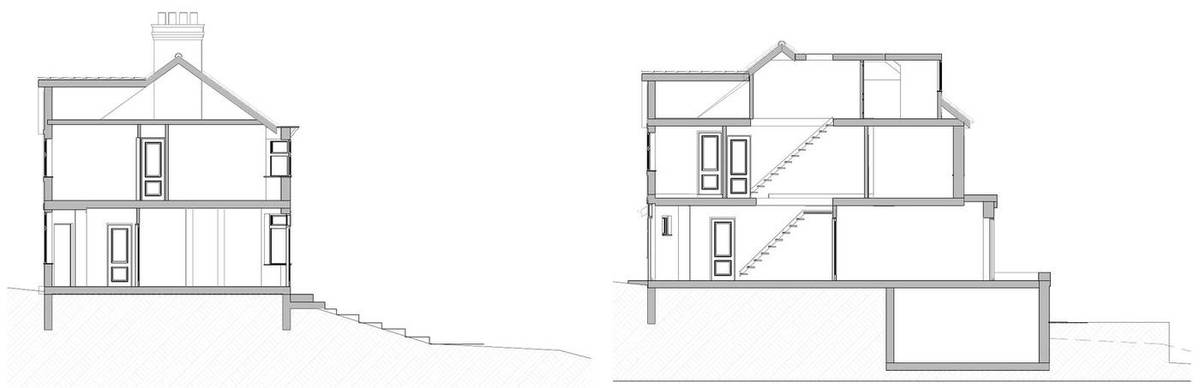 Existing and proposed sections showing the basement set into the slope of the garden (existing and proposed section S-01)